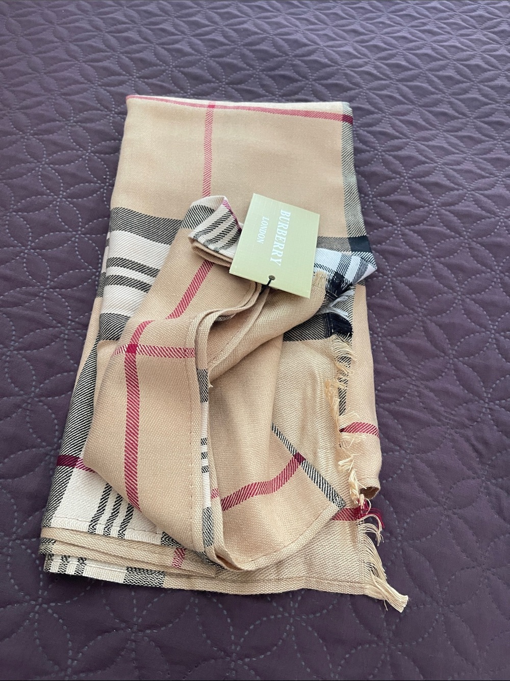 Burberry Beige Plaid Scarf with Red & Black Stripes